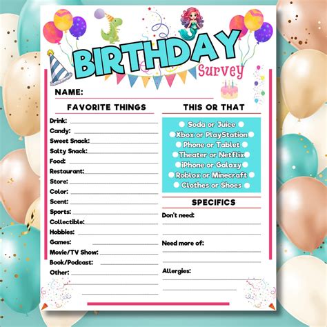 Birthday Survey, Birthday Questionnaire Printable, Getting to Know You Printable, Kids Questions ...