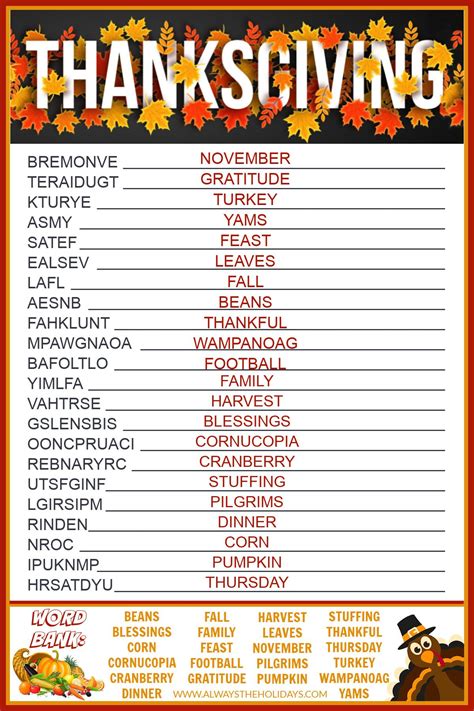 Get a Free Printable Thanksgiving Word Scramble with Answers