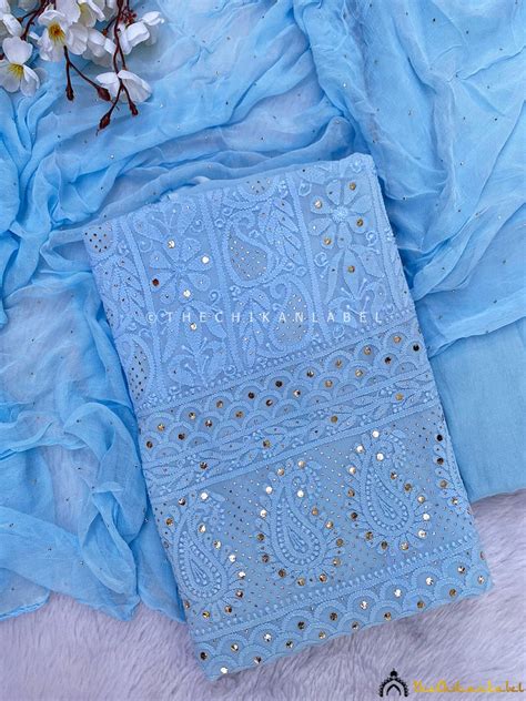 Powder Blue Viscose Chikankari Kurti Piece with Dupatta | Unstitched ...