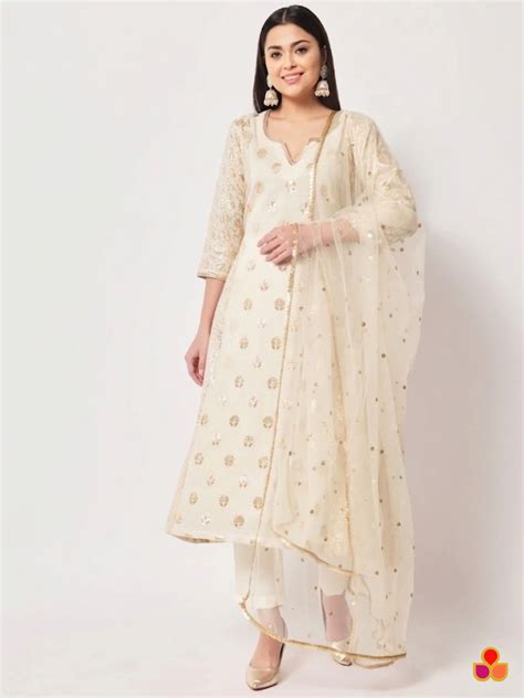 Ivory Lotus Chanderi Brocade A-Line Kurti with Pants and Dupatta ...