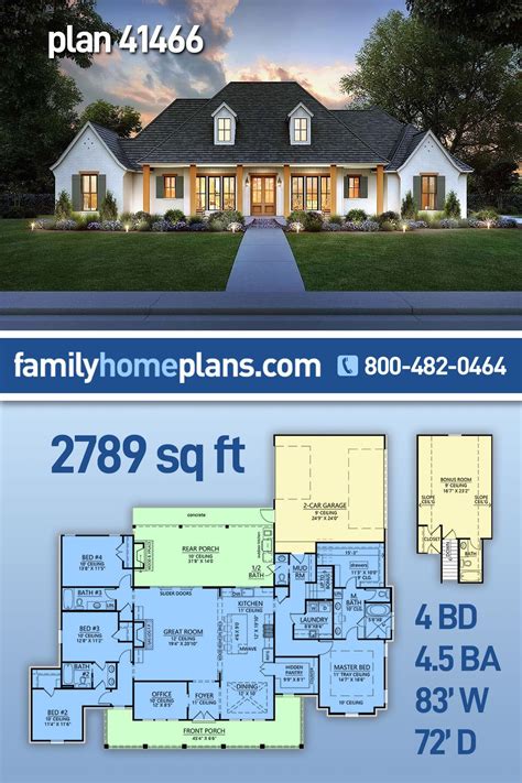 Plan 41466 | Acadian, Southern House with 4 Bed, 5 Bath, 2 Car | Family ...