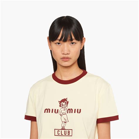 Vanilla/Burgundy Printed cotton T-shirt | MIU MIU
