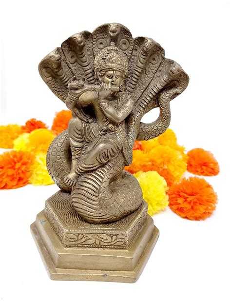 Buy Khakee Kalia Naag with Krishna Idol Brass Playing Flute Lord ...