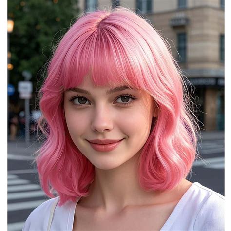 Amazon.com : YOUNIGA Short Bob Wavy Wig with Bangs for Women Pink Color ...