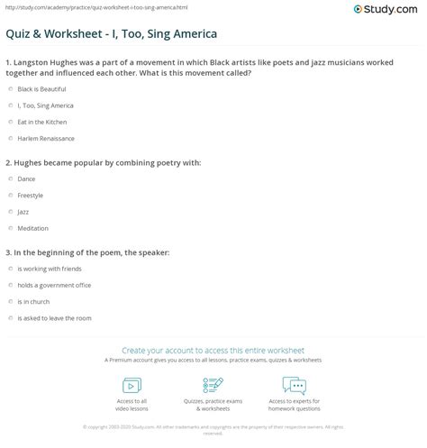 Quiz & Worksheet - I, Too, Sing America | Study.com