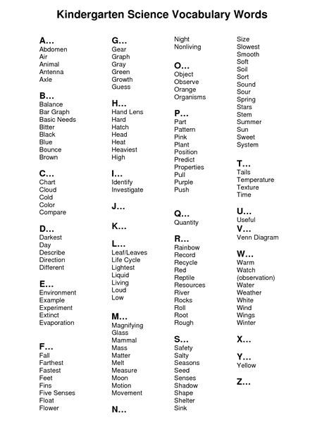 Kindergarten Vocabulary Words Printable