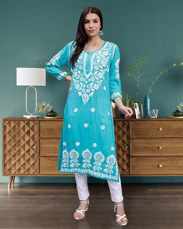 Buy Seva Chikan Hand Embroidered Lucknowi Chikankari Green Kota Kurta ...