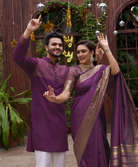 Wine Color Couple Dress Jari Silk Saree and Kurta Pyjama – Archittam ...