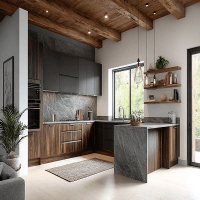 Modern L-Shaped Kitchen Design in Suede Finish
