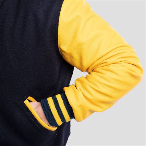 Varsity Base Men Jacket Navy Blue Wool Body Lemon Leather Sleeves ...