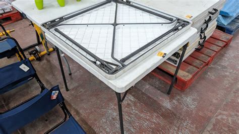 2 off folding square tables with plastic tops and metal legs, 860mm Sq ...