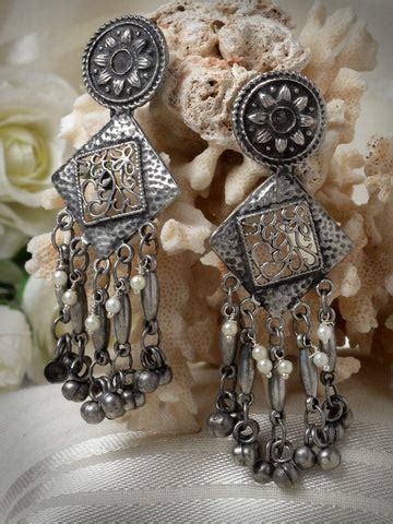 Oxidised Geometric Shaped Drop Earrings