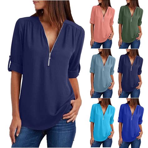 Tejiojio Womens Plus Size Chiffon Shirt 3/4 Rolled Sleeve Casual Tunic ...