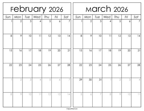 February March 2026 Calendar Templates - SpootViral