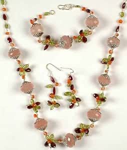 Buy Exotic India Faceted Rose Quartz Necklace, Bracelet & Earrings Set ...