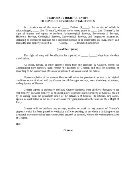 Temporary Right of Entry to Conduct Environmental Studies Doc Template ...