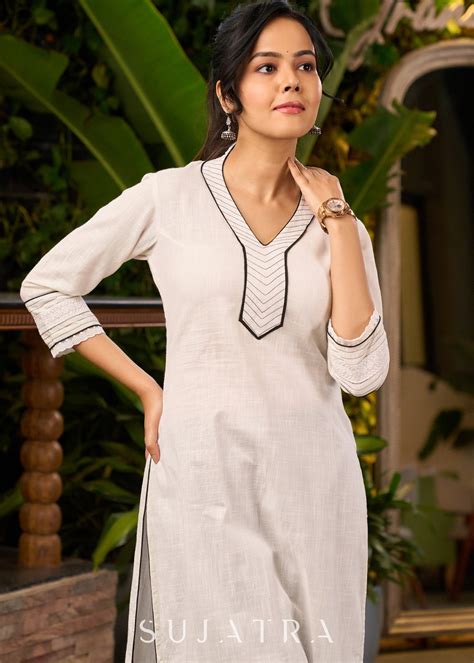Classy White Cotton Kurta with Thread Works on Yoke & Sleeves - Pant O ...