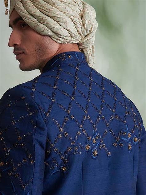 Navy Blue Embroidered Sherwani Set