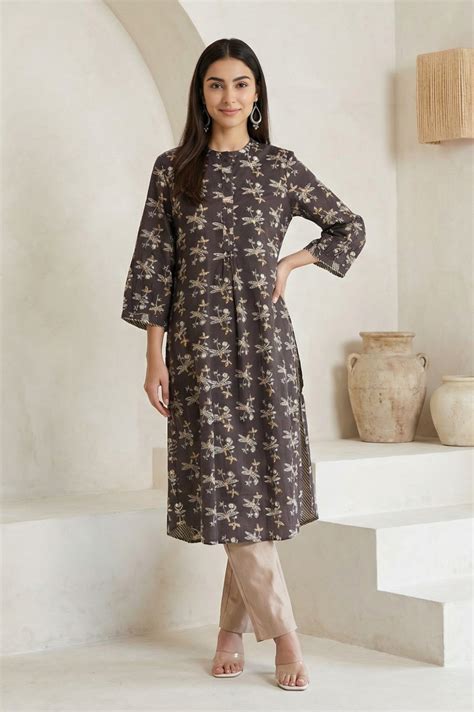 Buy Charcoal Botanical Printed Pure Cotton Pleated Kurta Online for ...