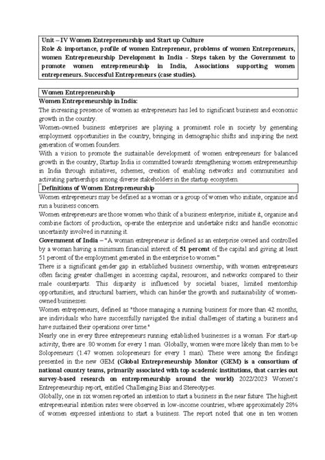 Entp 4 - entp unit 4 - Unit – IV Women Entrepreneurship and Start up ...