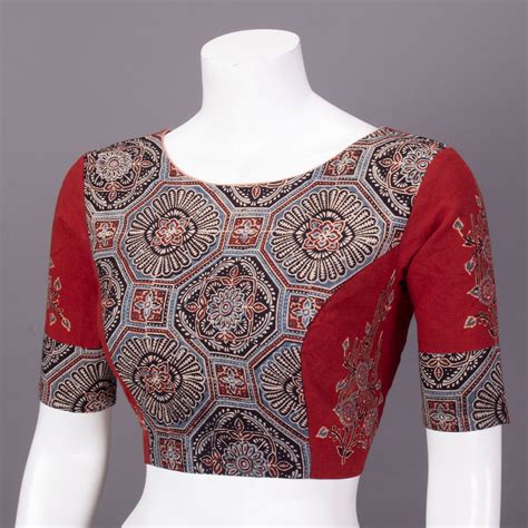 Red Ajrakh Printed Cotton Blouse 10073377 – Avishya.com