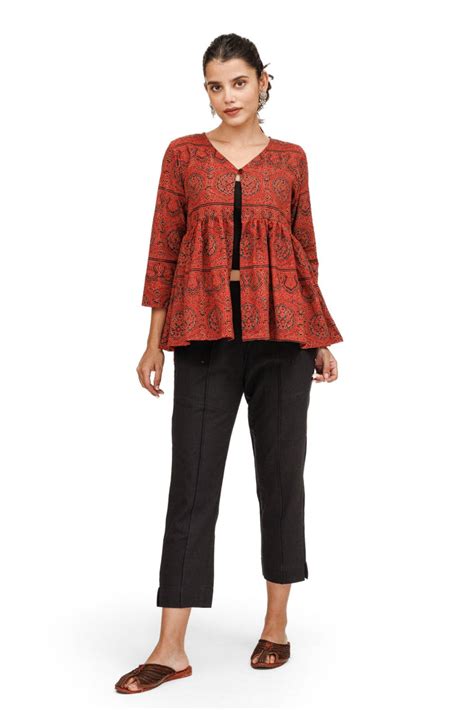 Surkh Ajrakh Peplum Short Shrug / Jacket With Spaghetti Crop Top And ...