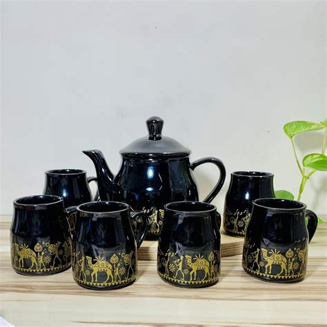 Buy SHILPCART Hand Painted Ceramic Tea Kettle Set with 6 Cups (150ml ...