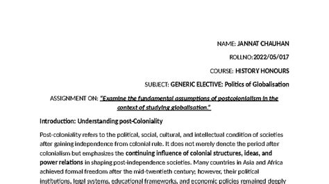 HIST 101: Assignment on Postcolonialism and Globalisation - Studocu