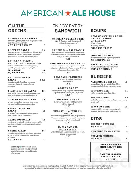 American Ale House menu in State College, Pennsylvania, USA