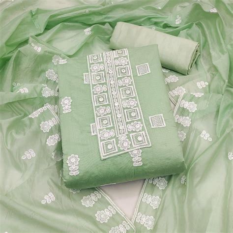 Green Floral Embroidered Chanderi Dress Material