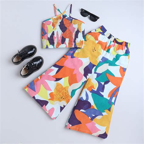 Shop Abstract Printed Halter Neck Smoked Crop Top With Matching Pant ...