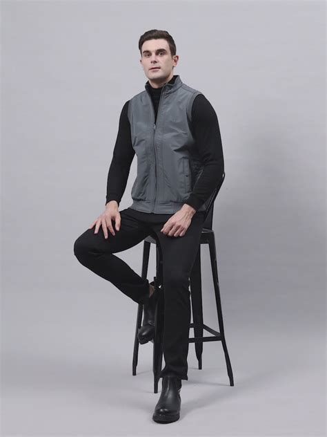 Buy Men Grey Solid Mock Neck Sleeveless Reversible Jacket Online in ...