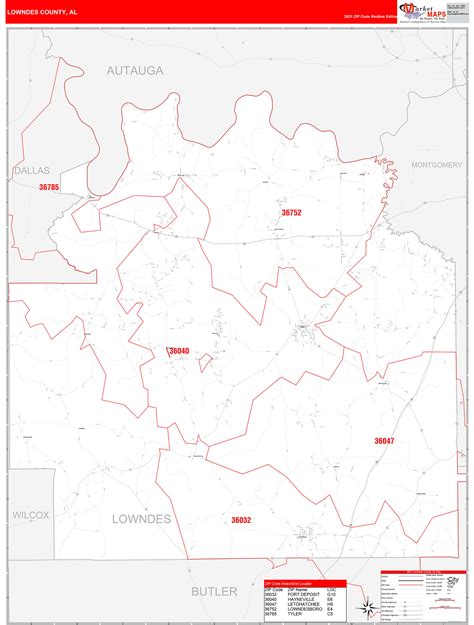 Lowndes County, AL Zip Code Wall Map Red Line Style by MarketMAPS ...
