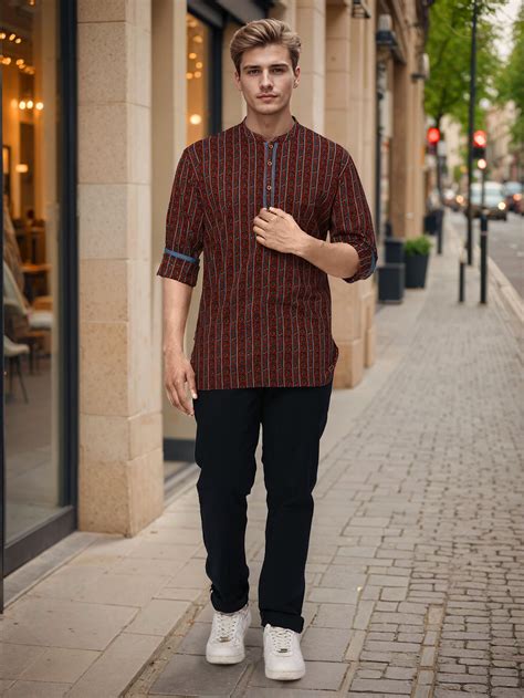 Ethnix by Raymond Men Brown Print Regular fit Cotton Short Kurta ...