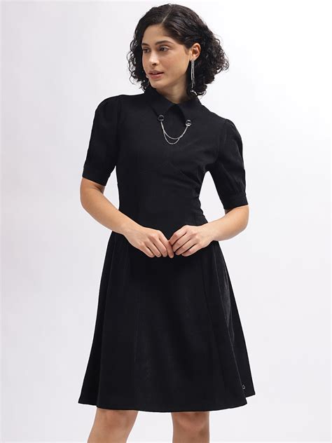 Shop Iconic Women Black Solid Shirt Collar Short Sleeves Dress Online ...