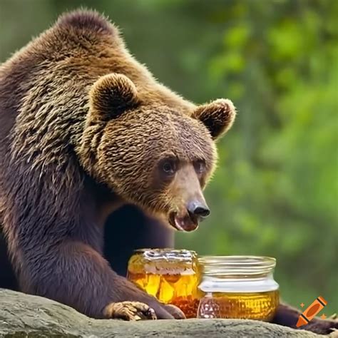 A bear eating honey out of a honey jar on Craiyon