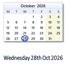 28 Oct, 2026: Holidays, Top Events, Sports & Countdown - India