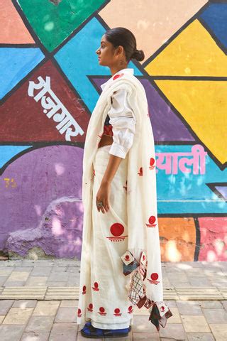 White Linen Bindi Saree | Sustainable Indo-Western Wear by Prathaa ...