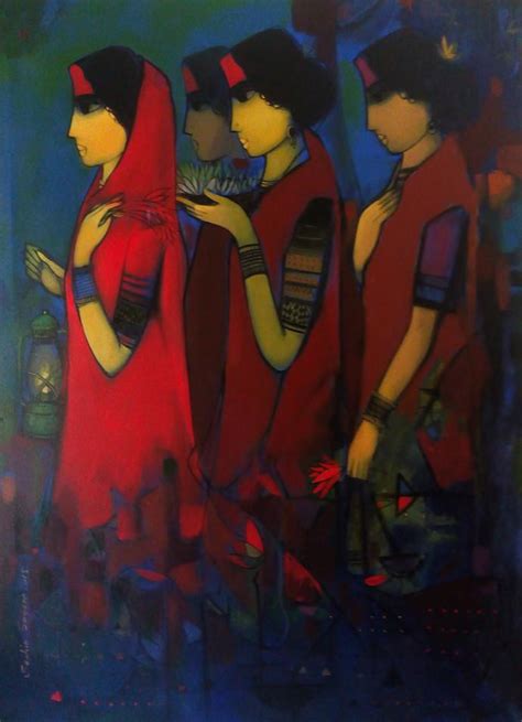 "Three Women": Red Acrylic Painting (54x40) by Sachin Sagare | ArtZolo.com
