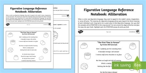 Figurative Language Reference Notebook: Alliteration Worksheet for 3rd-5th