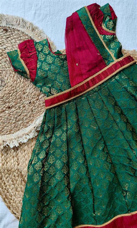 Athira Green & Maroon Mini – South Indian Pattu Frock for Girls ...