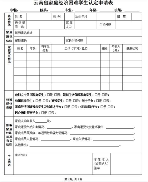 云南省家庭经济困难学生认定申请表-艺术与传媒学院