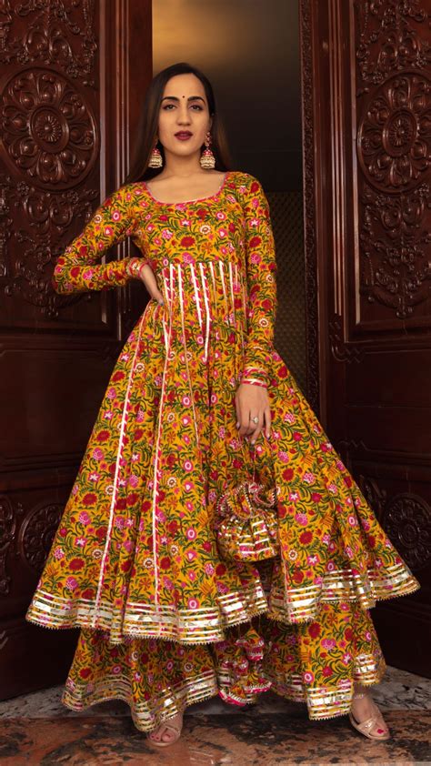 MASTANI YELLOW COTTON HAND BLOCK PRINT ANARKALI PLAZO SET WITH ORGANZA ...