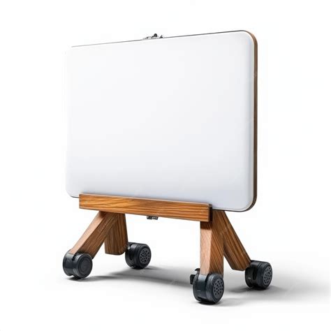 A portable whiteboard with a wooden frame and wheels ideal for office ...