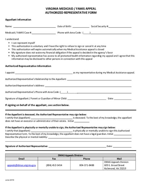 2019 VA Medicaid/Famis Appeal Authorized Representative Form - Blank ...