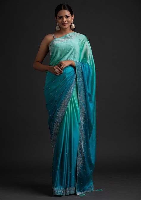 Buy Sky Blue Swarovski Satin Designer Saree - Koskii