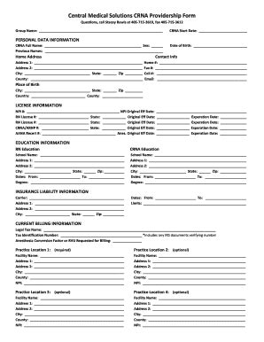Fillable Online Central Medical Solutions CRNA Providership Form Fax ...