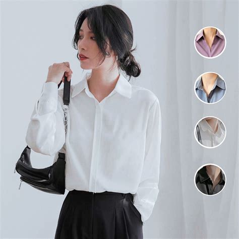 Long Sleeve Polo Shirt for women work Formal shirt Classic Korean plain ...