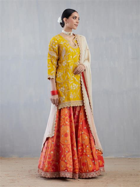 Yellow Short Kurta with a Coral Sharara Set – NidhiTholia