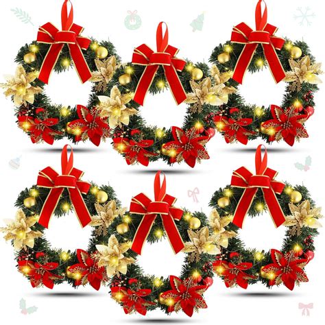 Amazon.com: Lyrow 6 Pcs Lighted Christmas Wreath with Red Bow Ornament ...